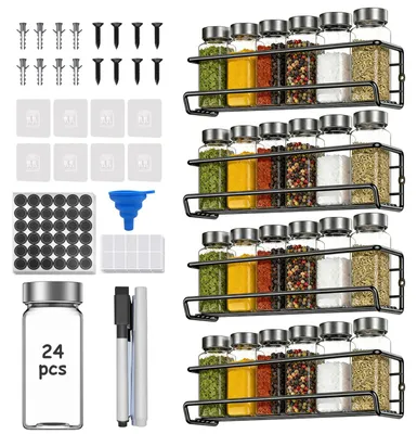 Produktbild von Gewürzregal mit 24 Gläsern und Etiketten, kein Bohren erforderlich, hängendes Gewürzregal, geeignet zum Aufhängen an der Wand oder Schranktür, Gewürz-Organizer-Set mit Flaschen und Aufklebern
