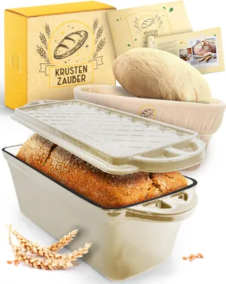 Produktbild von KRUSTENZAUBER Emaille Brotbackfrom mit Deckel inkl. Gärkorb - Robuste 28cm Backform aus Gusseisen - Ideal als Kastenform, Toastbrot Backform, Brotform