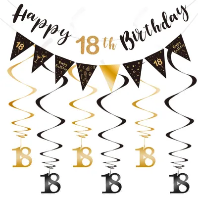 18. Geburtstag Dekoration Set – Banner, Girlande & Spiralen, Schwarz/Gold