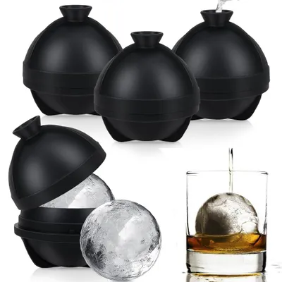 Produktbild von Eiskugelform 4 Stück – Eiswürfel Kugelform Ø 6 cm – wiederverwendbarer Eiswürfelbereiter mit Trichter – für Whisky, Cocktails, Getränke – Schwarz