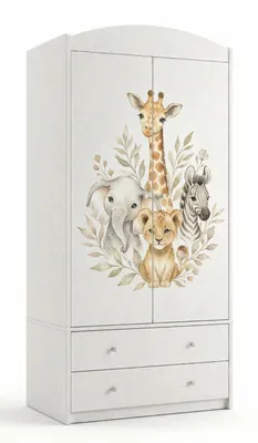 Produktbild von Kleiderschrank Kinder Weiß 2 Türen 2 Schubladen 88x187 cm Kinderschrank mit Stange Kinderzimmer Schrank groß, Safari