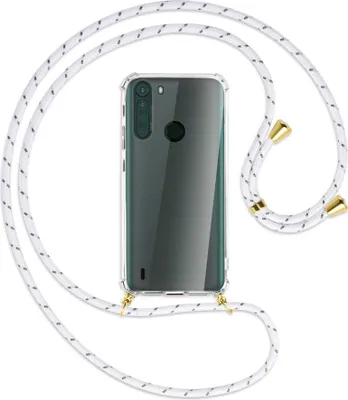 Produktbild von Handykette Backcover-Schutzhülle mit Band (Metall goldfarben) für Motorola One Fusion - weiß/grau