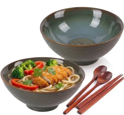 2er-Set Ramen-Schalen 1200 ml Keramik Vintage-Grün mit Zubehör