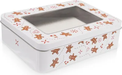A rectangular tin box with a transparent window on top, decorated with gingerbread man and festive patterns.