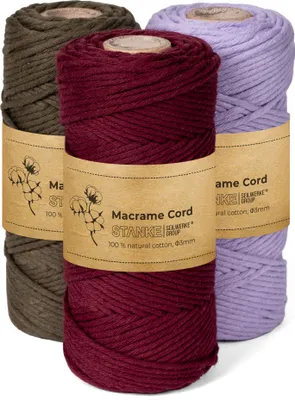 Produktbild von STANKE Makramee Garn 3mm Set 3x100m - Farben: Burgund, Olivgrün, Lila- Baumwollgarn für Boho-DIY, Körbchen, Traumfänger - Baumwollkordel für Untersetzer, Taschen - 100% Baumwolle, gedreht, weich