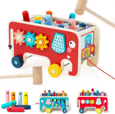 Imagen del producto de Banco de madera para golpear con 2 mazos - Juego de martillos a partir de 1 año - Banco para golpear - Juego de disparos - Juego de elefantes - Desarrollo infantil temprano - Juguetes de madera