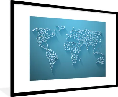Produktbild von MuchoWow® Gerahmtes Poster Weltkarte - Linien - Blau 90x60 cm - Poster mit Schwarzem Bilderrahmen Wandposter Rahmen Foto Bilder - Wanddekoration - Fotos