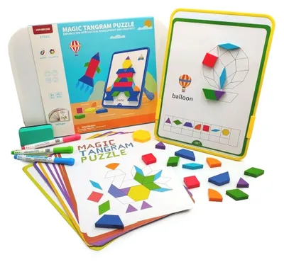 Productafbeelding van Magnetische Tangram-puzzel met bord - 128 elementen + werkschema's