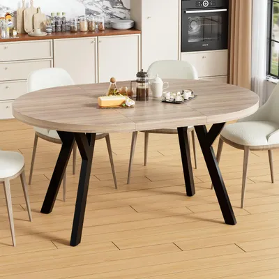 Produktbild von Ausziehbarer Esstisch rund zu oval, 3,5 cm dicke Tischplatte (1 Tisch), Metallgestell, modern & pflegeleicht, für Esszimmer & Küche