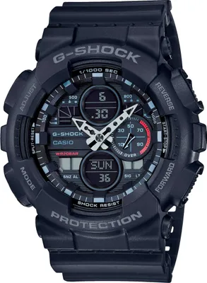 A close-up studio shot of a black Casio G-Shock analog-digital wristwatch against a black background.