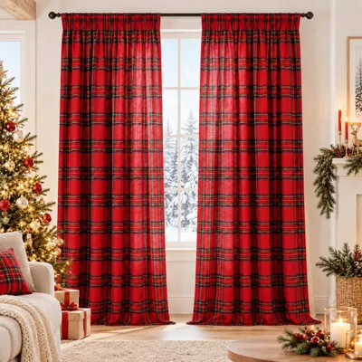 Weihnachtsvorhang-Set, 2 Stück, kariert, 132x274 cm, rot