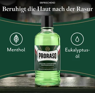 A bottle of Proraso aftershave lotion is displayed prominently, with text and icons highlighting its refreshing properties and ingredients.