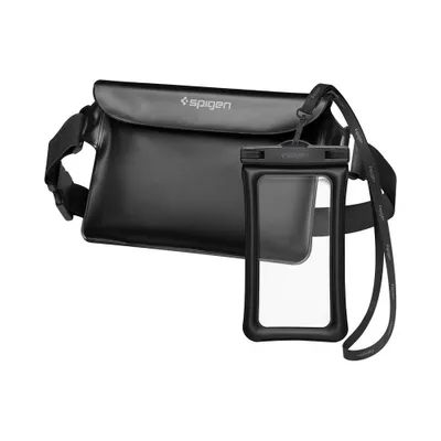 A black waterproof pouch with a clear window and a black waist bag with a strap, both featuring the Spigen logo.