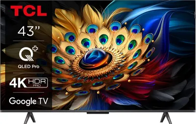 A TCL television displaying a vibrant, colorful image of peacock feathers.