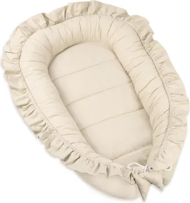 Produktbild von PIMKO Beige Babynest mit rüschen Babynestchen für Baby Kuschelnest Babykokon für Säuglinge und Neugeborene 100% Baumwolle kokon Babykissen geeignet für Zuhause oder als Lagerungskissen 55 x 90 cm - Beige