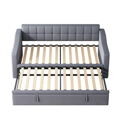 Produktbild von Flieks Tagesbett Schlafsofa 90x200cm mit Ausziehbett, Polsterbett Einzelbett mit Ladefunktion, Sofabett Daybed Gästebett mit Armlehne, Samt,Grau