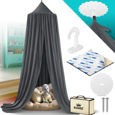 A collage of images showing a gray canopy, mounting hardware, and a storage bag for a child's room.