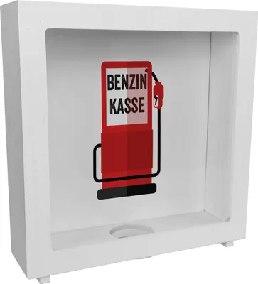 Produktbild von Benzinkasse Zapfsäule Rahmen Spardose aus Holz mit weißem Hintergrund