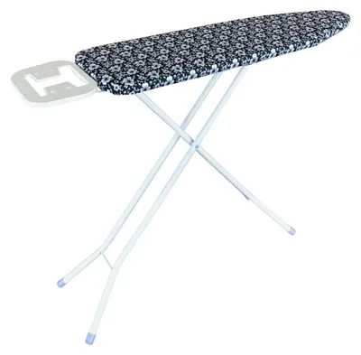 An ironing board with a floral pattern cover and a metal frame, shown against a white background.