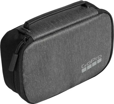 A black and gray GoPro camera case is shown against a white background.