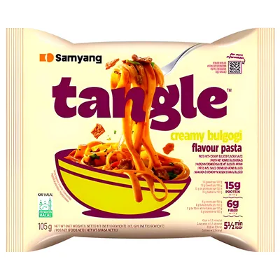 A package of Samyang Tangle instant noodles with creamy bulgogi flavor.