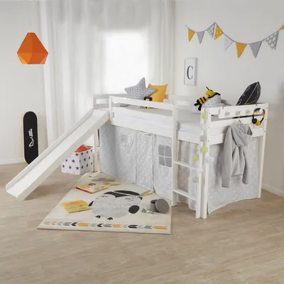 Image de Lit D'Enfant avec Sommier à Lattes 90x200 cm Lit Mezzanine Superposé Toboggan Blanc Bois