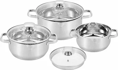 A set of four stainless steel pots with glass lids, arranged on a white background.