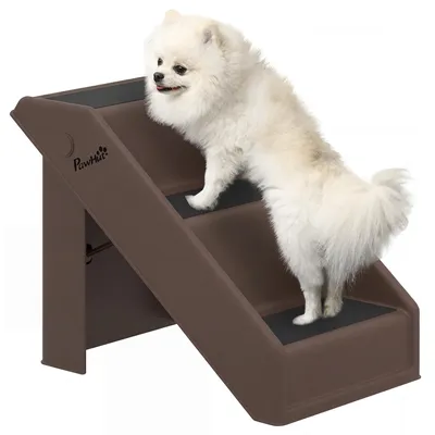 Image de Escalier pour animaux de compagnie - Escalier pliable pour chiens à 3 marches - Idéal pour les petits chiens et les chats âgés - Portable, pour lit et canapé - 53 x 30,5 x 36,5 cm - Marron