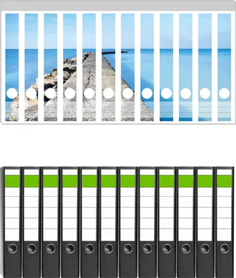 Produktbild von Wallario 12 Stück schmale Ordner inkl. Klebeetiketten mit Motive Pier am blauen Ozean mit blauem Himmel -  Set mit Rückenschildern / Ordnerrücken Stickern
