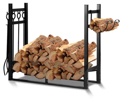 Produktbild von Ikodm 2-stufiges Kaminholzregal mit 4-teiligem Kaminbesteck, 37 × 33 × 74 cm, Eisen, Schwarz, für Kamin und Ofen