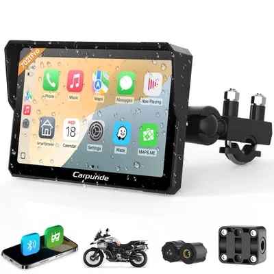 Produktbild von Carpuride 702PRO+TPMS 7“ Motorrad Carplay Bildschirm, Kabellos CarPlay & Android Auto , Dual Bluetooth, Gegensprechfunktion, Kompass, Barometer