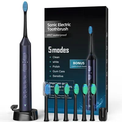 Produktbild von 7Magic Elektrische Schallzahnbürste, Deep Clean Modi, 6 Bürstenköpfe, schnelle Aufladung für 60 Tage&40000 VPM, 5 Modi, Erwachsene und Kinder, Dunkelblau