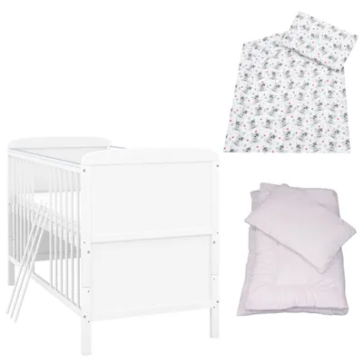 Produktbild von Baby-Delux Babybett Kinderbett Natalie Umbaubar 140x70 Weiß Bettset 4-Tlg Komplett Cute Teddy Pink
