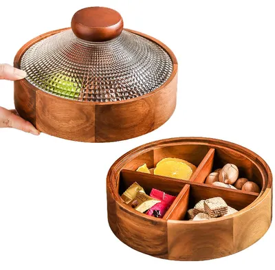 Produktbild von Snackbox Holz mit Glasdeckel, 4 Fächer Servierschale für Nüsse, Süßigkeiten & Trockenfrüchte, Vorratsbox, dekorativ, für Zuhause & Party