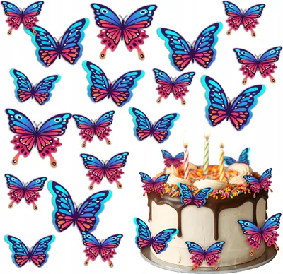 Image de Gaufre Papillon bleu et rouge Décoration comestible pour gâteau 23 pcs