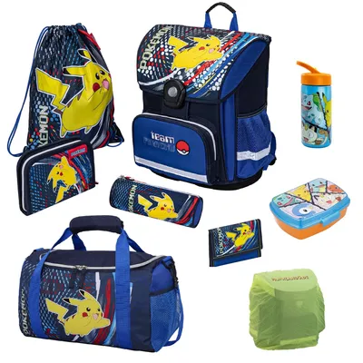 Produktbild von Blauer Pokémon Schulranzen mit Pikachu Motiv · Schulranzen Ergonomisch Leicht und Kompakt · 9-teiliges Einschulungs-Set für die 1. bis 4. Klasse