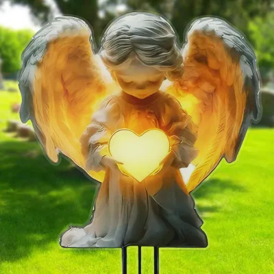 Produktbild von Wetterfester Grabschmuck: 2D-Grabengel aus Acryl für die Grabdekoration, Grabstecker mit Herzmotiv, Gartenstecker für Grab und Friedhof (stehender Engel)