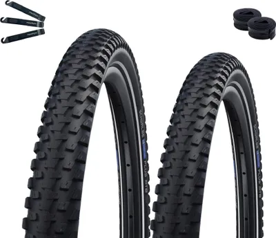 Zdjęcie produktu dla 2 x opony rowerowe Schwalbe Marathon Plus MTB Performance Smart DualGuard E-50 czarne/odblaskowe 65-584 (27,5 x 2,60") + 2 x dętki Schwalbe AV19F wraz z łyżkami do opon maxxi4oyu