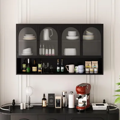 Immagine prodotto di Armadietto a vetro da parete, 120 cm, 4 ante, vetro grigio, struttura nera
