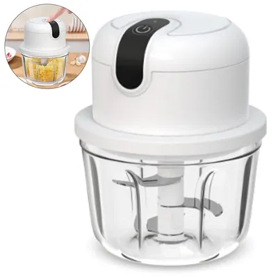 A white electric food chopper with a clear glass bowl and stainless steel blades, shown on a white background. An inset image shows a hand pressing the button on top of the chopper.