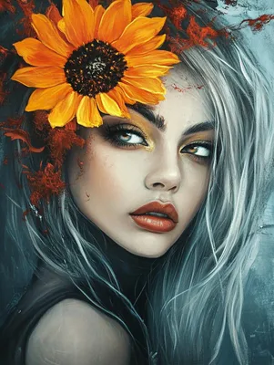 Produktbild von Leinwand Bilder auf Keilrahmen - Frauenportrait Sonnenblume SONNENBLUMENKÖNIGIN - moderne Wanddeko für Wohnzimmer, Wandbild Kunstdruck | Alivia Arts