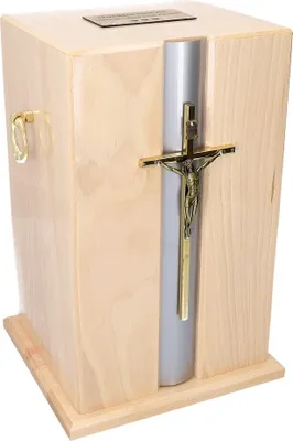 Produktbild von Holzurne Für Asche Mit Kreuz + Nische, Bestattungsset. Die Urne Wird Beigesetzt