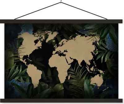 Produktbild von MuchoWow® Textilposter Weltkarte - Schwarz - Blätter 120x80 cm mit schwarzem Rahmen - Wanddeko