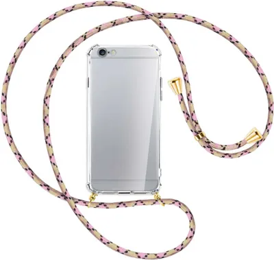 Produktbild von Handykette Backcover-Schutzhülle mit Band (Metall goldfarben) für Apple iPhone 6 / 6S - rosa Karo