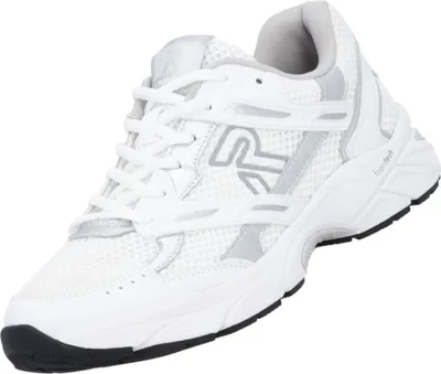 Das Bild zeigt einen weißen Freizeitschuh der von der Seite betrachtet wird. Der Schuh hat eine schlichte Form und ein modernes Design mit einem auffälligen Schnürsystem.