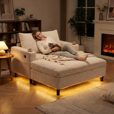 A woman relaxing on a sofa with a cat, in a living room setting with a fireplace and bookshelf.