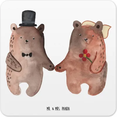 Produktbild von Mr. & Mrs. Panda Tischuntersetzer Bär Heirat 6er Set - Weiß - Geschenk, Teddy, Tassenuntersetzer, Untersetzer Gläser, Coaster, Glas-Untersetzer, für, Eckig
