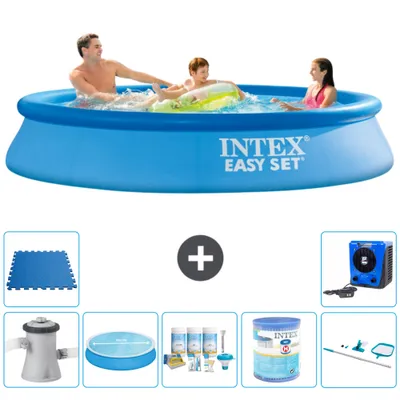 Produktbild von Intex runder aufblasbarer Easy Set-Schwimmpool – 305 x 61 cm – Blau – inklusive Pumpe Sonnensegel - Wartungspaket - Filter - Reinigungskit - Bodenfliesen - Wärmepumpe