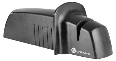 A black knife sharpener is shown against a white background.