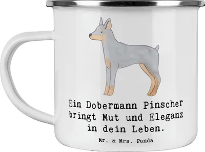 Produktbild von Mr. & Mrs. Panda Emaille Tasse Dobermann Pinscher - Weiß - Geschenk, Hunde, Hunderasse, Eleganz, aktive, Wachhund, Teetasse, Kaffeepott, Hunderassen Charakter, Blechtasse